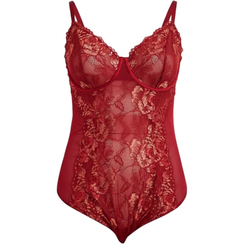 Torrid Red Gold Lurex Lace Bodysuit Underwire Plus Size 2 2X 18-20 15652664